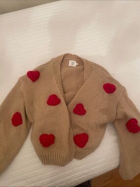 Knit Cardigan with Red Heart Appliqués